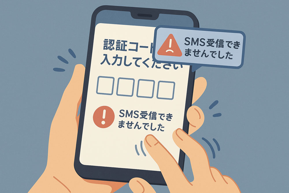 スマートフォン画面に「認証コードを入力してください」と表示され、SMSが受信できず困っている人物のイラスト