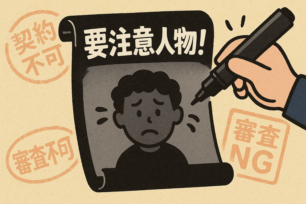 「要注意人物リスト」と書かれたバインダーに人物のシルエットが追加され、「契約不可」のスタンプが押されている携帯ブラックリストをイメージしたイラスト