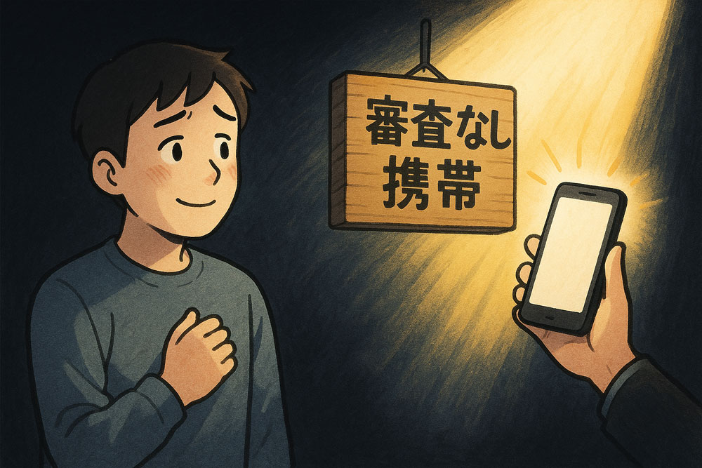 暗い背景から「審査なし携帯」と書かれた看板とスマホを差し出す手が登場し、それを見てホッとする人物のイラスト