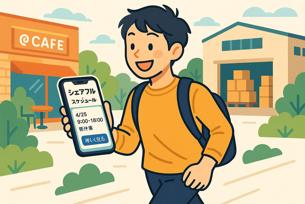 スマートフォンでシェアフルの仕事スケジュールを確認しながら笑顔で歩く人物と、多様な職場をイメージさせる背景イラスト