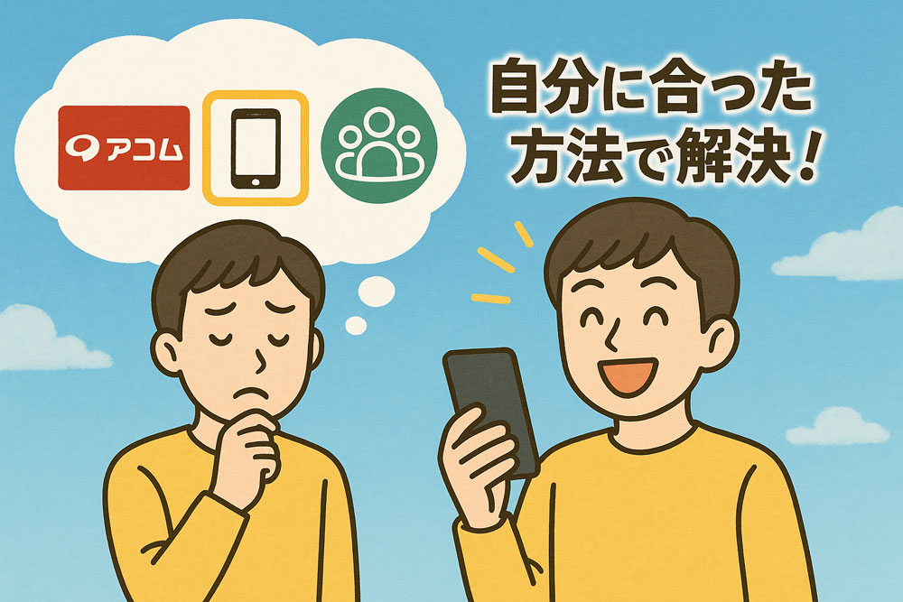 様々な解決策のアイコン（SIMカード、金融サービス、審査なし携帯サービス）の中から一つを選び、晴れやかな表情でスマホを持つ人物のイラスト