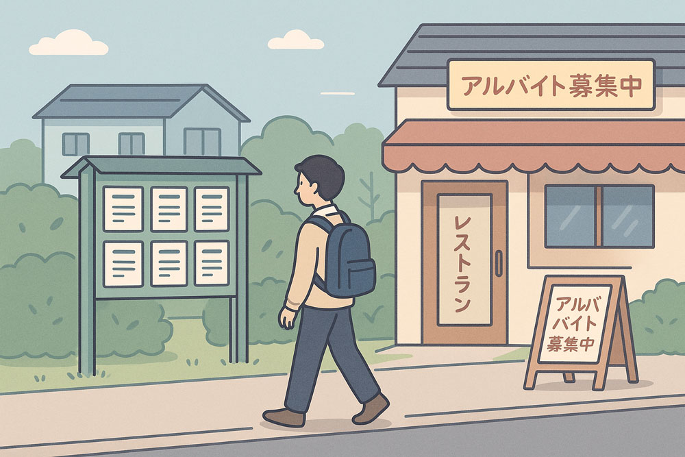アルバイト募集の掲示板とレストランの前を通りかかるリュック姿の若者。レストランの看板や張り紙には『アルバイト募集中』の文字。