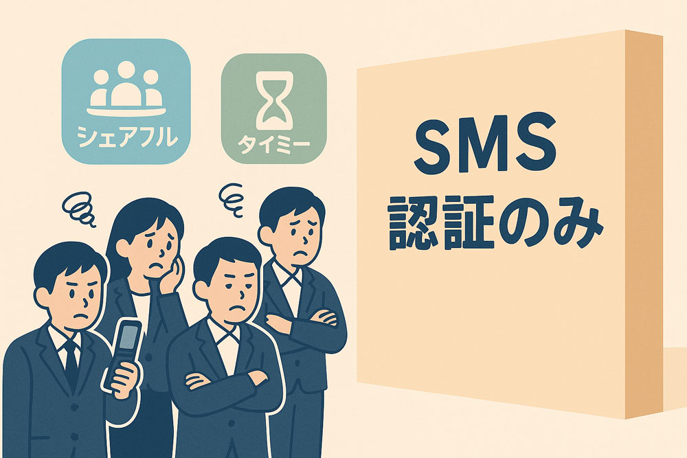SMS認証のみ対応の壁の前で困惑するスーツ姿の男女4人。タイミーやシェアフルのアイコンが上に表示され、携帯を持つ男性もいるイラスト。