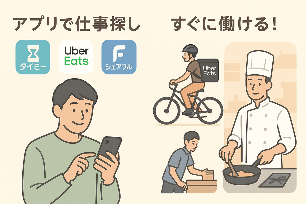タイミー・Uber Eats・シェアフルなどのアプリで仕事を探す若者のイラスト。自転車配達員やシェフ、仕分け作業員としてすぐに働ける様子が描かれている。