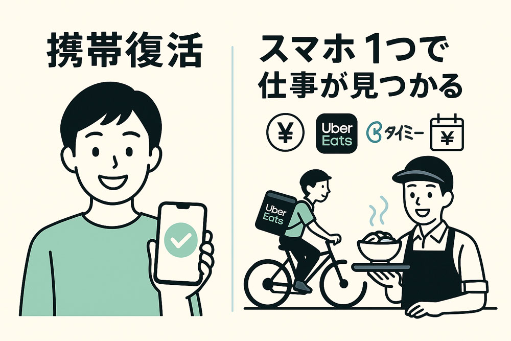 携帯が復活して笑顔になる男性。スマホ一つで仕事が見つかるというメッセージとともに、Uber Eatsの配達や飲食店での仕事をする様子が描かれている。タイミーや給与のアイコンも表示。