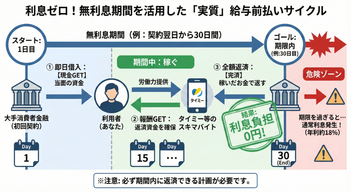消費者金融の無利息期間とタイミーを活用した実質的な給与前払いサイクルの図解。初回契約から30日以内に借入、労働、全額返済を行うことで利息負担が0円になる仕組みと、期限を過ぎた場合のリスクを示しています。