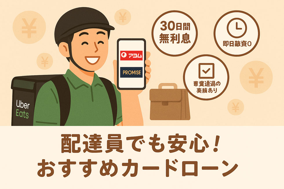 Uber Eatsの配達員がカードローンのスマホ画面を見せながら笑顔で安心している様子。『30日間無利息』『即日融資0』『審査通過の実績あり』などのメリットが記載されており、『配達員でも安心！おすすめカードローン』という見出し付き。