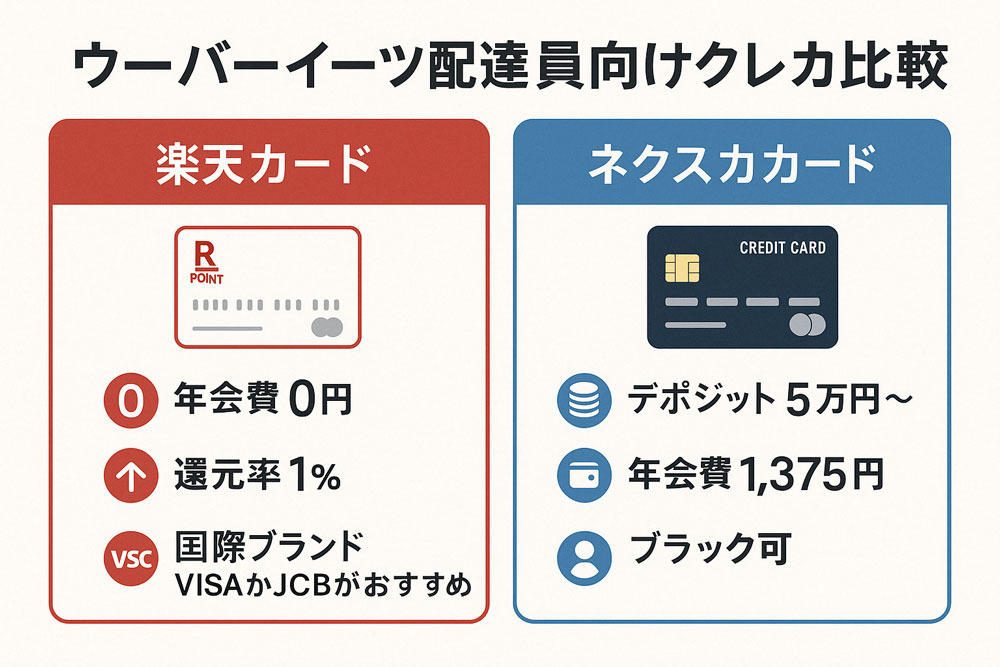 楽天カード（年会費無料、還元率1%）とネクスカード（デポジット型、年会費1375円、ブラック可）を比較するウーバーイーツ配達員向けクレジットカード比較図