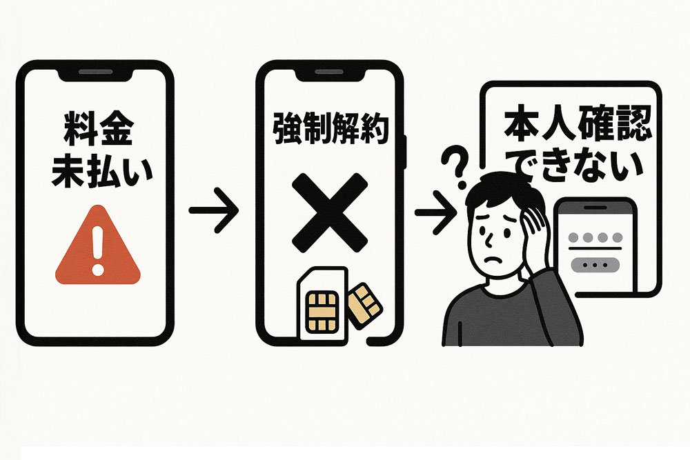 携帯料金未払いが原因で強制解約され、携帯ブラックになった人物が本人確認で困っている様子の図解