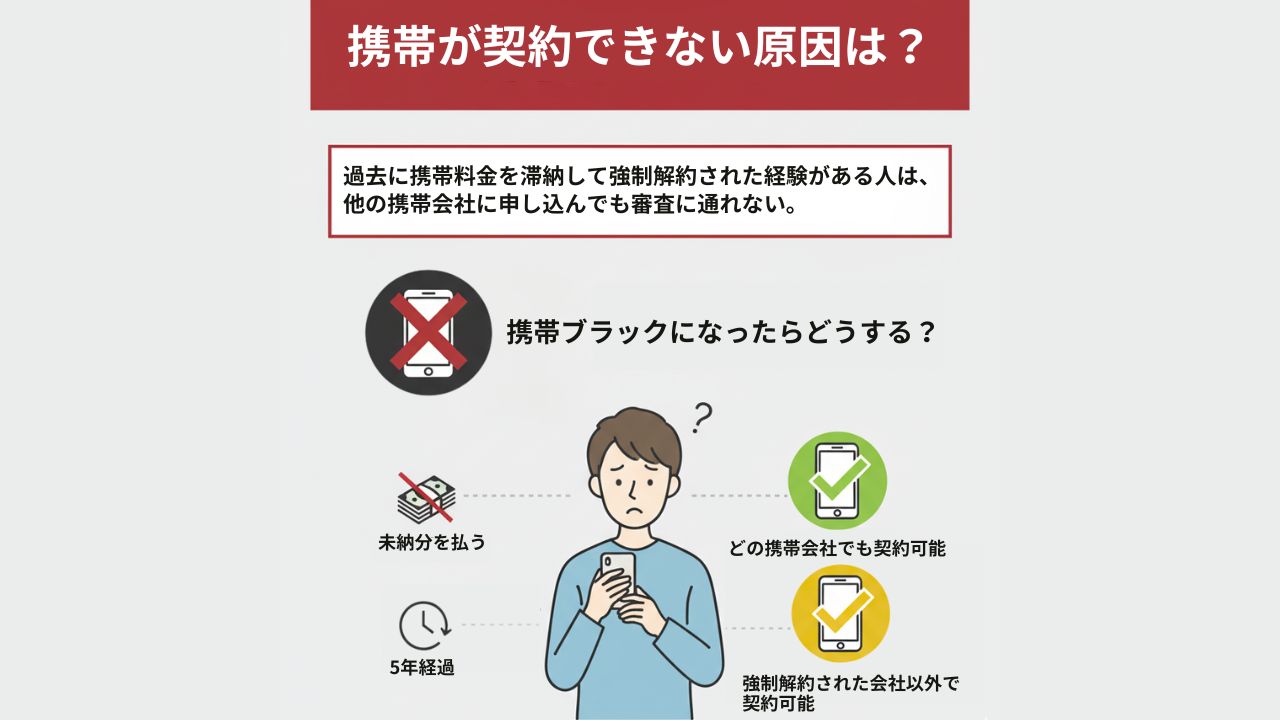 「携帯が契約できない原因」を図解するイラスト。携帯料金の滞納で強制解約されると「携帯ブラック」状態になり、他社の審査に通れなくなることを説明。中央で困っている男性に対し、解決策として「未納分を払う」「5年経過」や、「強制解約された会社以外で契約可能」といった選択肢が示されている。