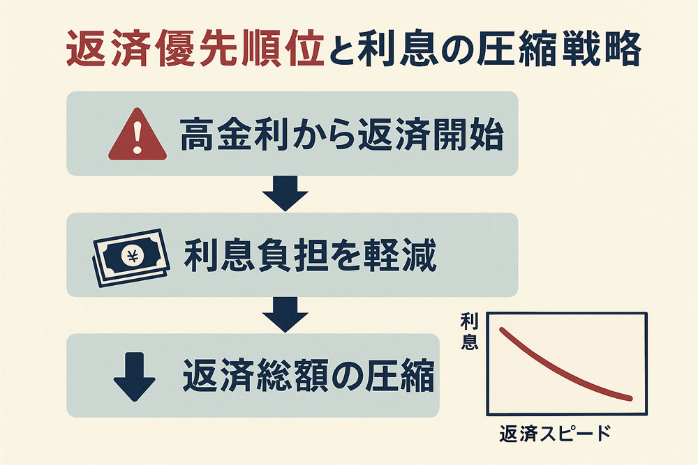 借金返済の優先順位と利息削減の戦略を示したフローチャート図。「高金利から返済開始」「利息負担の軽減」「返済総額の圧縮」と順に解説。右下に利息と返済スピードの関係を示すグラフ付き。