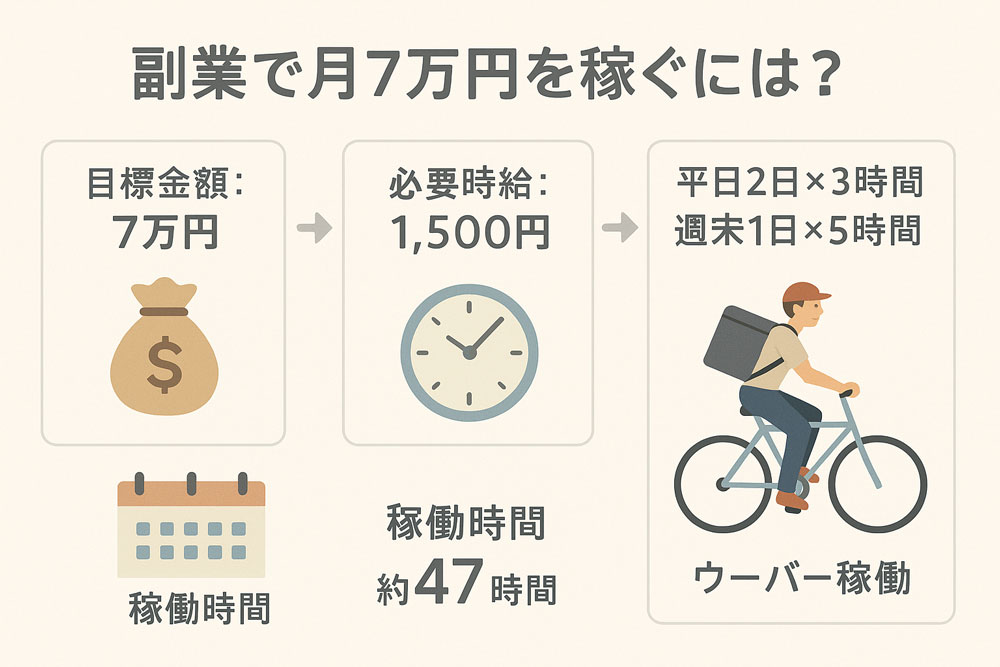 副業で月7万円を稼ぐためのウーバーイーツ稼働シミュレーション図。目標金額7万円、必要時給1500円、稼働時間47時間、平日2日×3時間＋週末1日×5時間で実現可能と図示。
