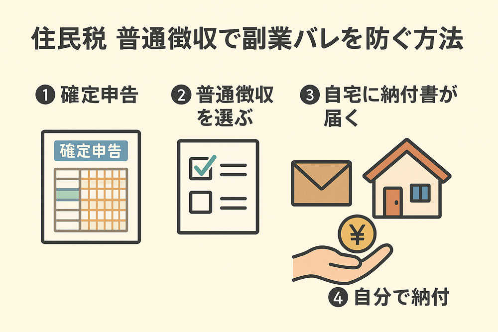 副業バレ防止のための住民税「普通徴収」手続きフロー図。①確定申告②普通徴収を選択③自宅に納付書が届く④自分で納付、の4ステップをイラスト付きで解説。