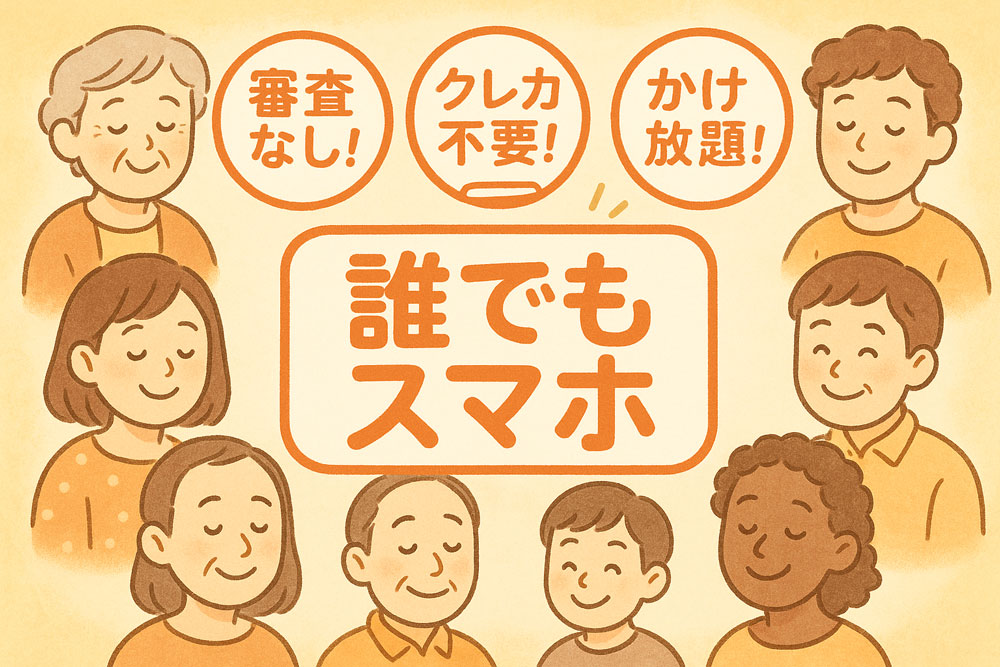 誰でもスマホの特徴（審査なし・クレカ不要・かけ放題）イメージイラスト
