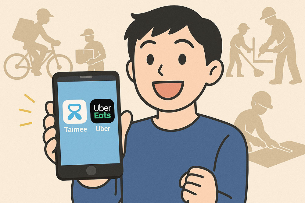 スマートフォンでタイミーやウーバーイーツの仕事を探すイメージイラスト