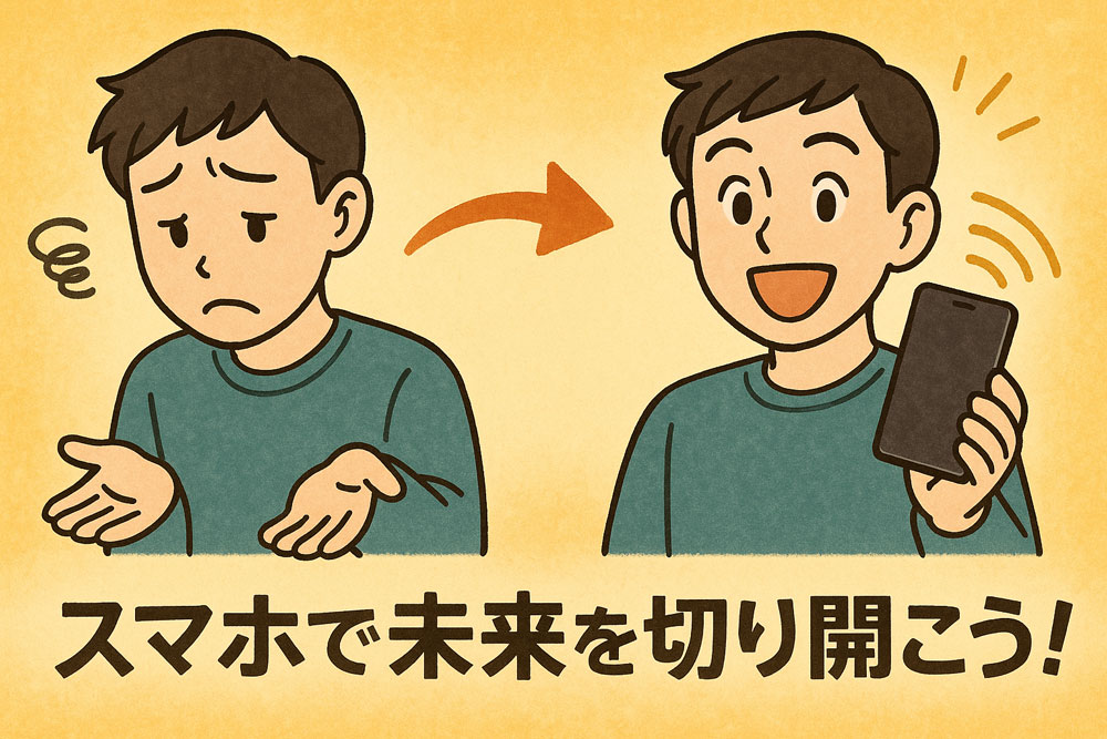 スマートフォンを手に入れて日雇いバイトで活躍するイメージイラスト