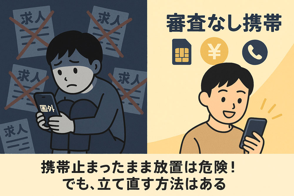 携帯が圏外で仕事探しができず、求人情報にもすべてバツ印がついた暗い部屋でうなだれる若者。『携帯が止まって仕事が探せない…それでも、進む道はある』というメッセージ付き。