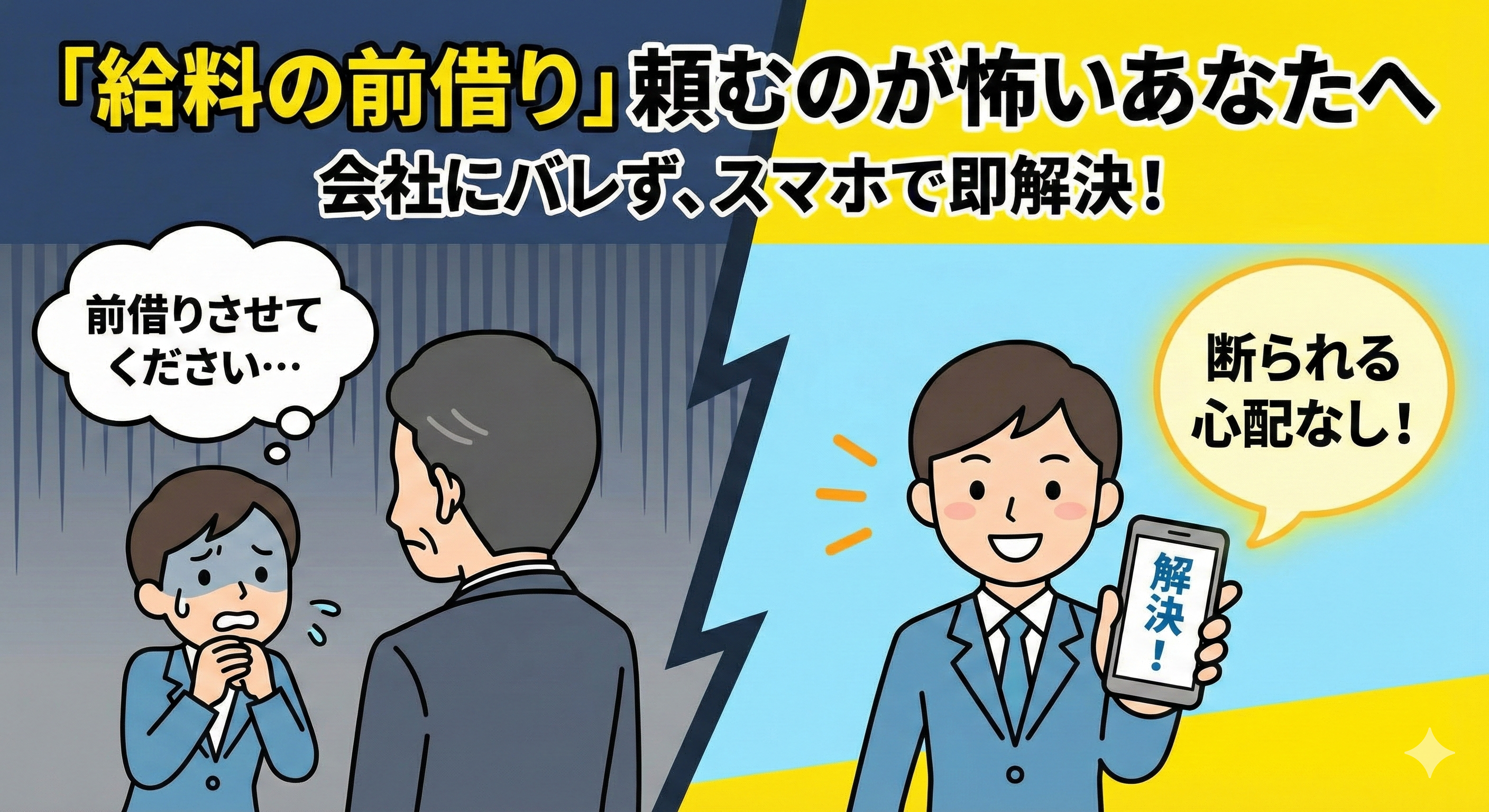 給料の前借りを上司に頼む気まずさとスマホでの解決策を対比させたサムネイル画像。左側の暗い背景では上司に言い出せない様子、右側の明るい背景ではスマホで解決して喜ぶ様子が描かれている。キャッチコピーは「『給料の前借り』頼むのが怖いあなたへ 会社にバレず、スマホで即解決！」、吹き出しに「断られる心配なし！」の文字。